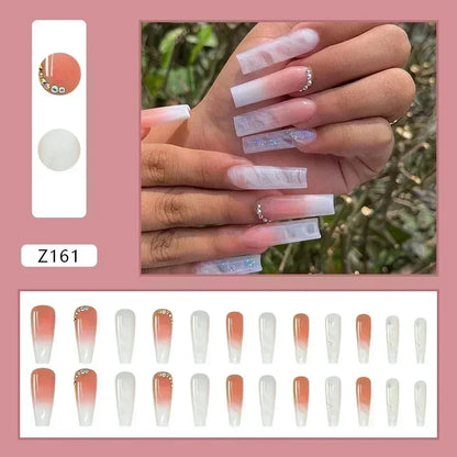 24Pcs Full Cover False Nails with Glue Long Square Coffin Fake Nails French Detachable Ballet Love Pattern Design Press on Nails
