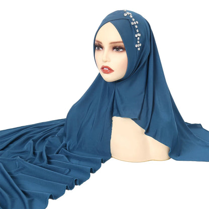Navy Blue Instant Hijabs for Women Solid Soft Muslim Turban Headscarf with Diamonds Islamic Ladies Headband Shawl Wraps RIMAIRE