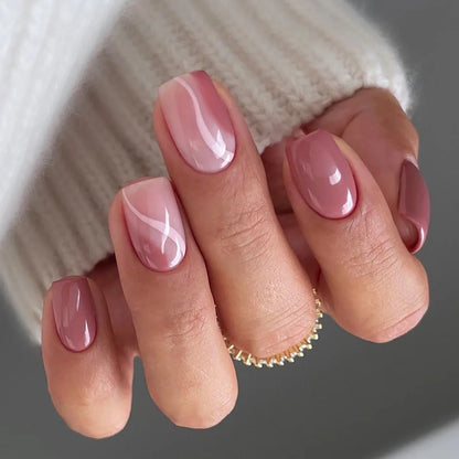 24Pcs Short Square Nude Fake Nails Art White Edge Glossy Artificial French False Nails Removable Full Cover Press on Nail Tips
