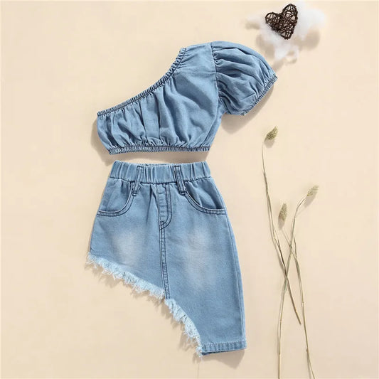 1-5years Girls Summer Denim Clothes Set Solid Blue Short Sleeve Off-Shoulder Cropped Tops Irregular Hem Skirt