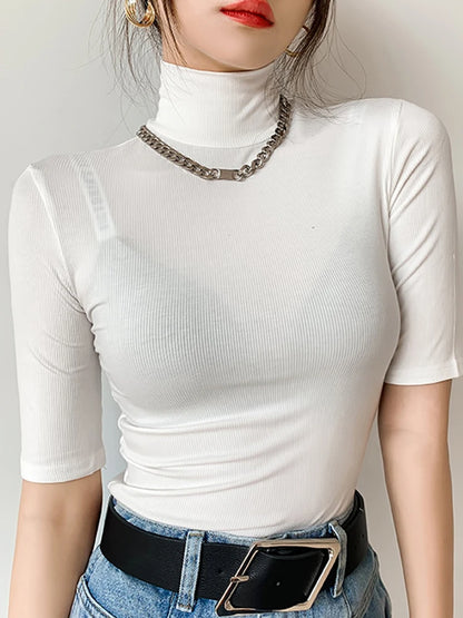 Basic Cotton T Shirt Women Turtleneck Slim Tshirt Short Sleeve T-shirts Female Casual Elasticity White Tee Shirt Femme Woman Top