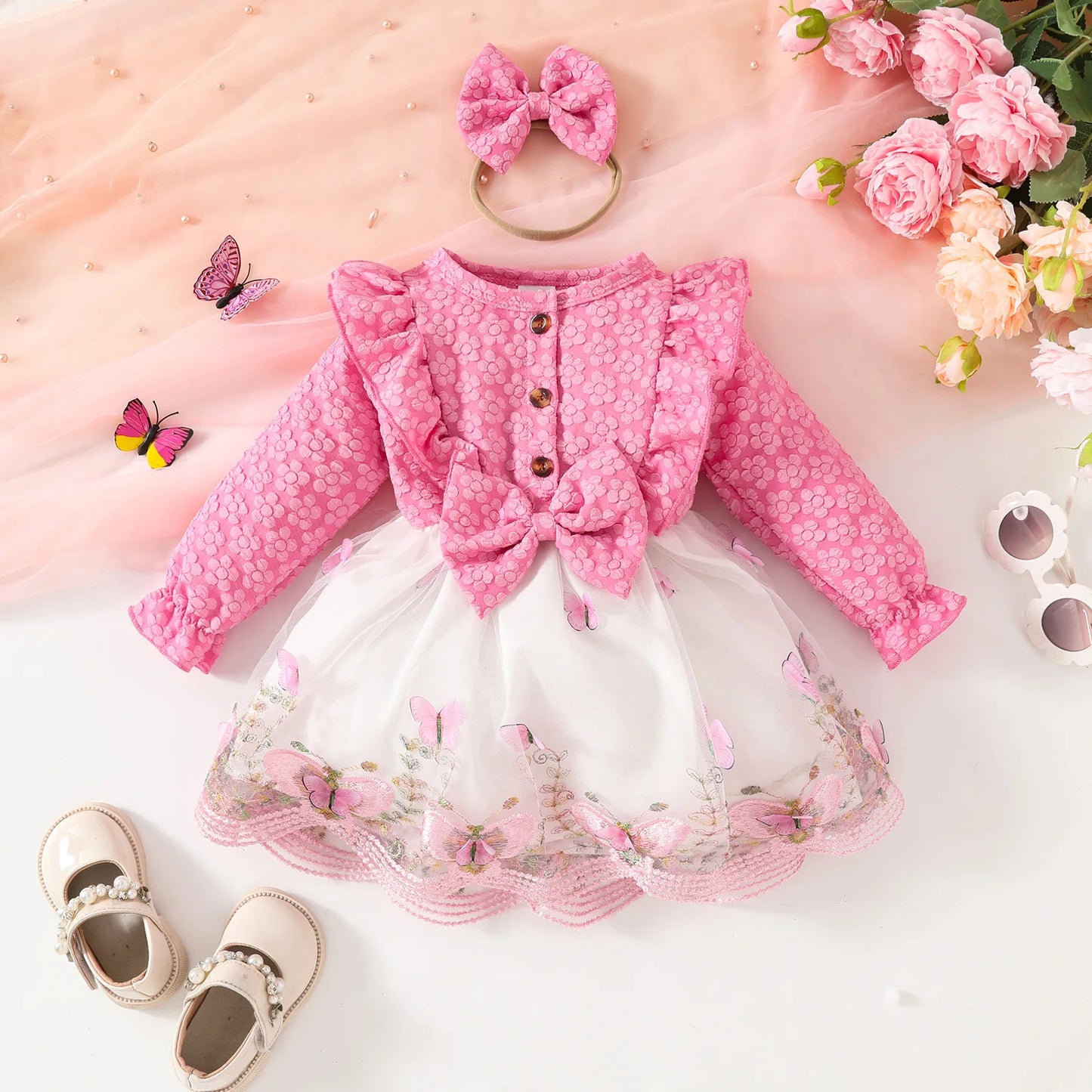 Baby Dresses Birthday Party Costume Pink Jacquard Cardigan Coat and Lace Butterfly Dress For Girls Newborns Infants Clothes