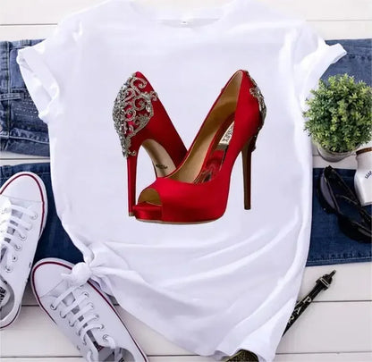 White T Shirt Women Top Casual Tshirt Fashion High Heel Shoes Print Femme Clothing Tshirt Harajuku Short Sleeve Female Tee Shirt