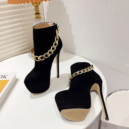 Designer Nightclub Party Round Toe Women Boots Sexy Metal Chain Stiletto High Heels