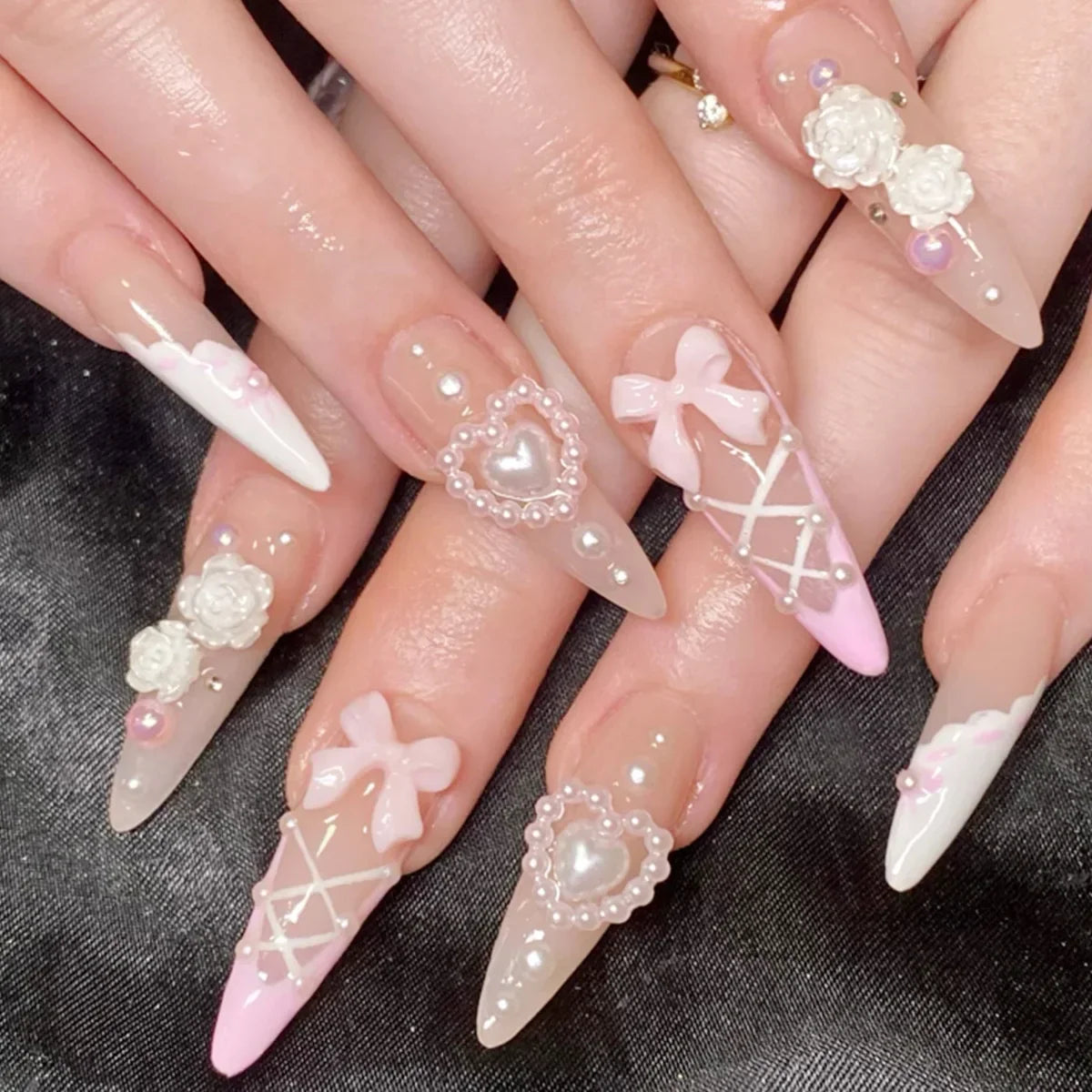 24Pcs Pink Almond French Press on Nails With 3D Bow ripple charms Design Fake Nails Ballerina False Nails Full Cover Nail Tips