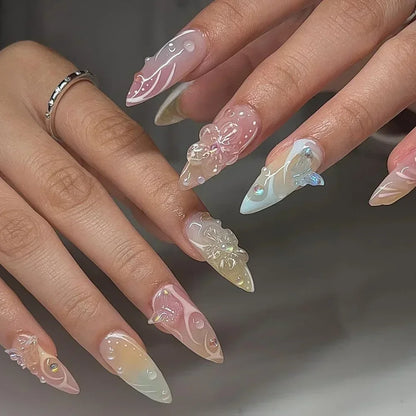 24Pcs Pink Almond French Press on Nails With 3D Bow ripple charms Design Fake Nails Ballerina False Nails Full Cover Nail Tips