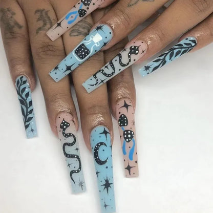 24Ps Super Long Ballet Wearable Fake Nails Blue Diamond Small Flower Press on Nail Stickers Finished Removable False Nail Pieces
