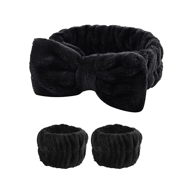 Spa Headband with Wrist Towels for Face Washing Set Elastic Bow Headbands with Highly Absorbent Wristbands for Shower Skincare