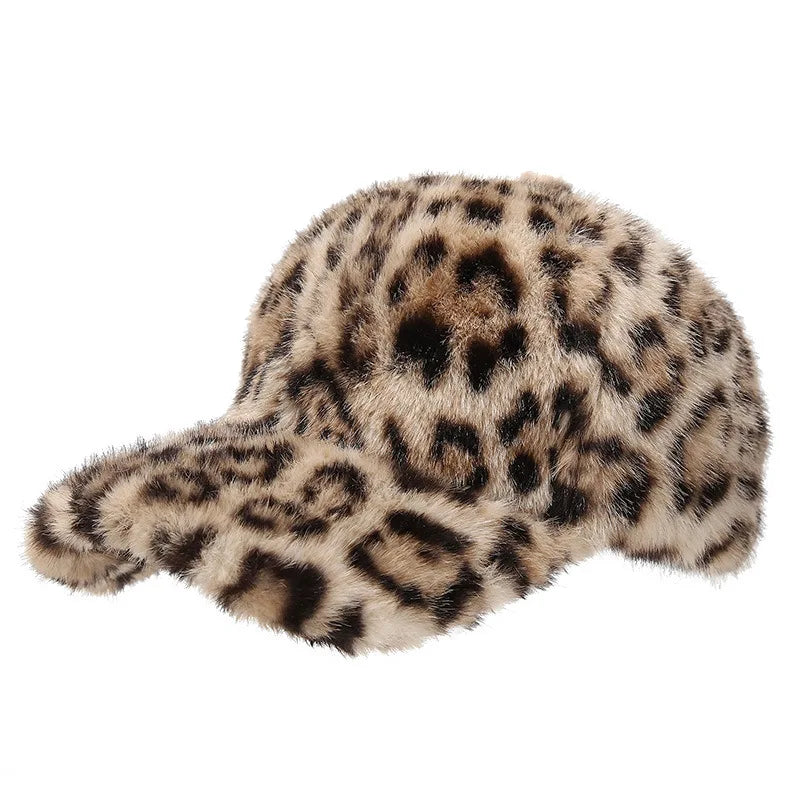Leopard Print Baseball Cap Women Plush Faux Fur Keep Warm Winter Women's Cap Outdoor Vintage