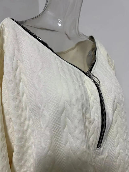 Plus Size NewAutumn and Winter Solid Color V-Neck Zipper Knitted Half-Sleeved Dress