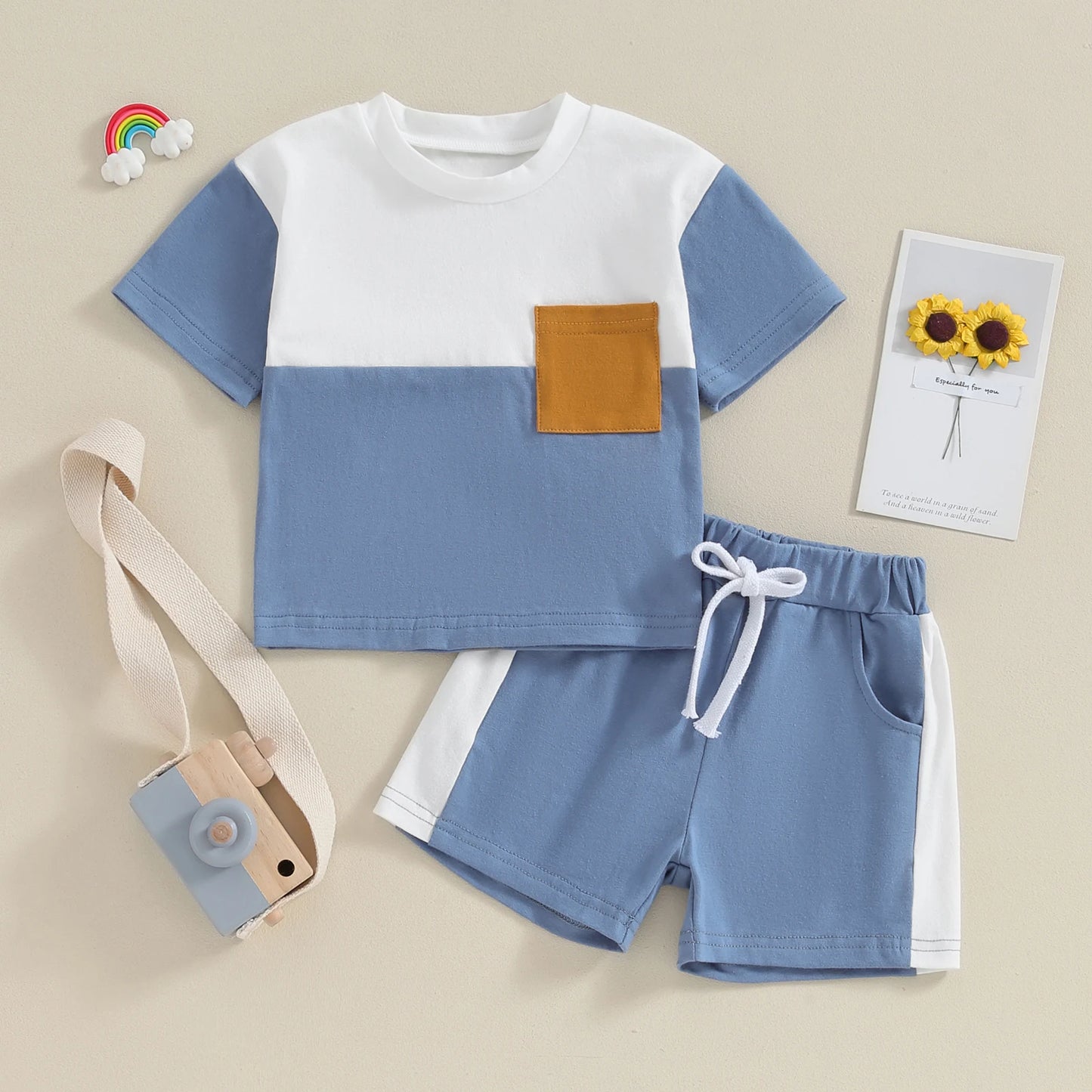 Pudcoco Toddler Baby Boys 2 Piece Outfits Contrast Colors Short Sleeve T-Shirt and Elastic Shorts Summer Clothes Set 0-3T