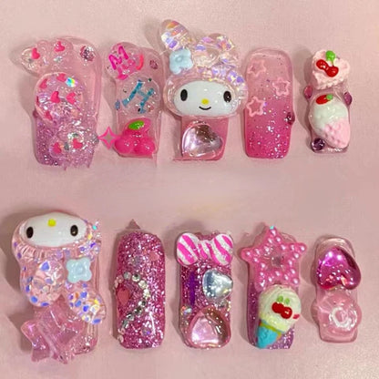 10Pcs Y2k Press on Nails Pink Wearing Nail with Kawaii Sanrios