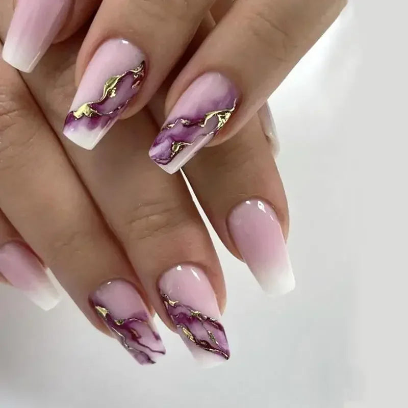 24Pcs Simple Blue French Fake Nails with Diamond Love Pattern Design False Nails Press on Mid-length Ballet Full Cover Nail Tips