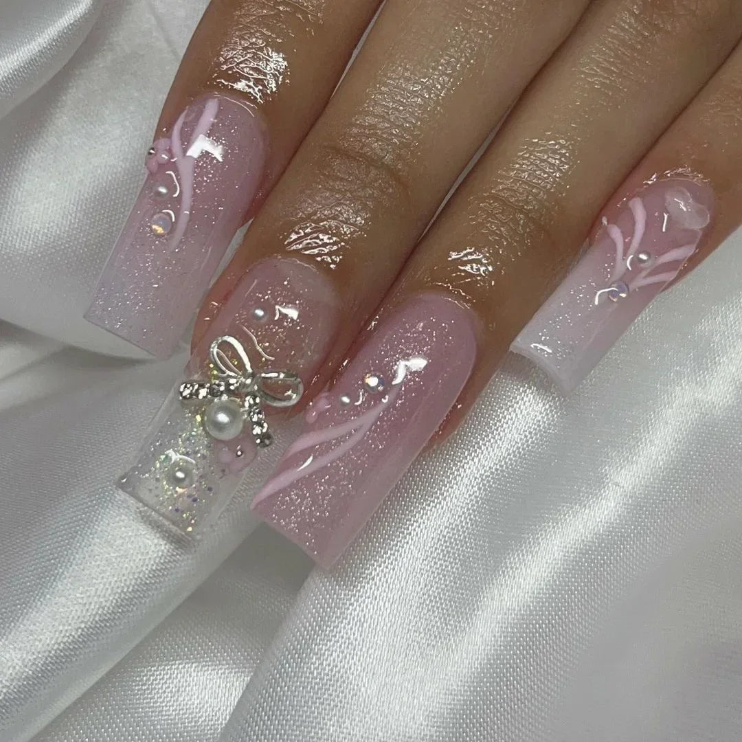 24Pcs Simple Blue French Fake Nails with Diamond Love Pattern Design False Nails Press on Mid-length Ballet Full Cover Nail Tips