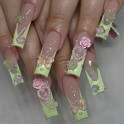 24Pcs White French False Nails Long Coffin Flower Butterfly with Rhinestones French Design Wearable Fake Nails Press on Nails