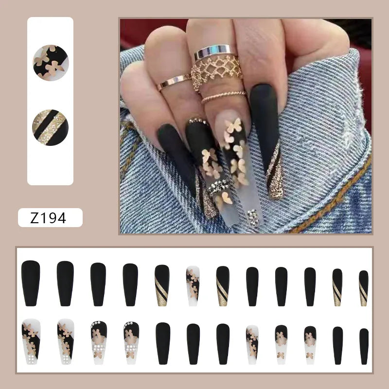 24pcs Artifical Fake Nails Long Coffin French Ballerina Wearable False Nail Tips Finished Rhinstones Flower Design Press on Nail