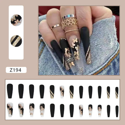 24pcs Artifical Fake Nails Long Coffin French Ballerina Wearable False Nail Tips Finished Rhinstones Flower Design Press on Nail