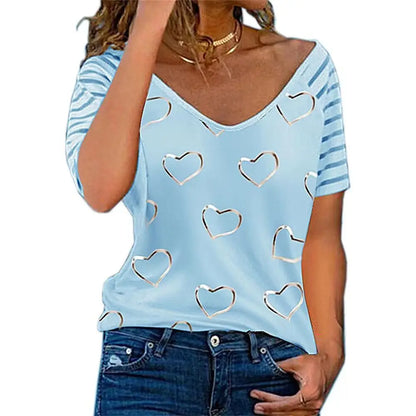 V Neck T-shirts Short Sleeve Tops Tees Heart-Shaped Graphics