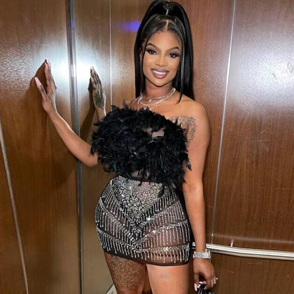 Off The Shoulder Mesh Sheer Rhinestone Feather See Through