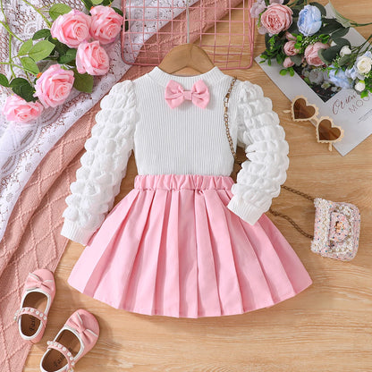 3 Colors Fashion Kids Girls Fall Clothes Sets 3-8Y Long Puff Sleeve Bow Front Tops + Pleated Skirt 2PCS