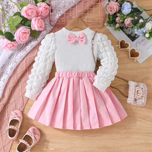 3 Colors Fashion Kids Girls Fall Clothes Sets 3-8Y Long Puff Sleeve Bow Front Tops + Pleated Skirt 2PCS