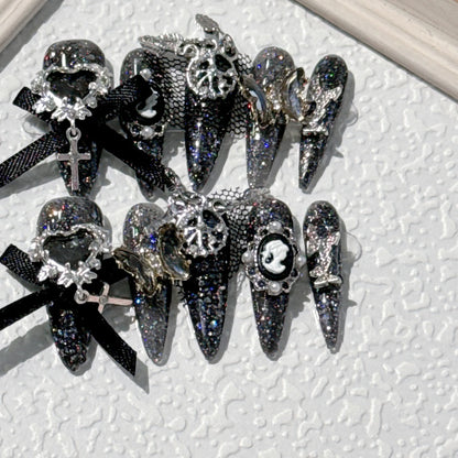 10pcs Long Pointed Press on Nails 3D Black Red Rose Crystal Design