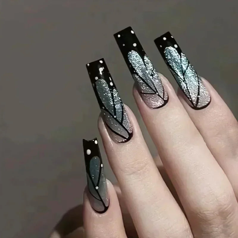 24Pcs Full Cover False Nails with Glue Long Square Coffin Fake Nails French Detachable Ballet Love Pattern Design Press on Nails