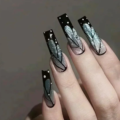 24Pcs Full Cover False Nails with Glue Long Square Coffin Fake Nails French Detachable Ballet Love Pattern Design Press on Nails