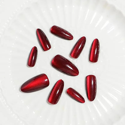 24 Pcs Medium Nails with Design Almond Red Cat Eye Stick-on