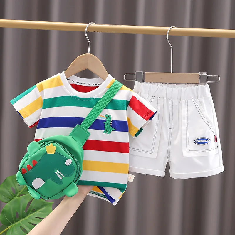 Summer Cute Cartoon Dinosaur Fashion Children O-neck T-shirt+Shorts+Bag Toddler Baby Boys