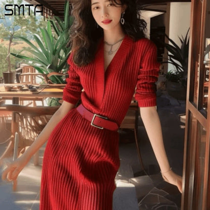 Red Knitted Sweater Dresses for Women V-Neck Long Sleeve Belted Night Club Party Dress Autumn