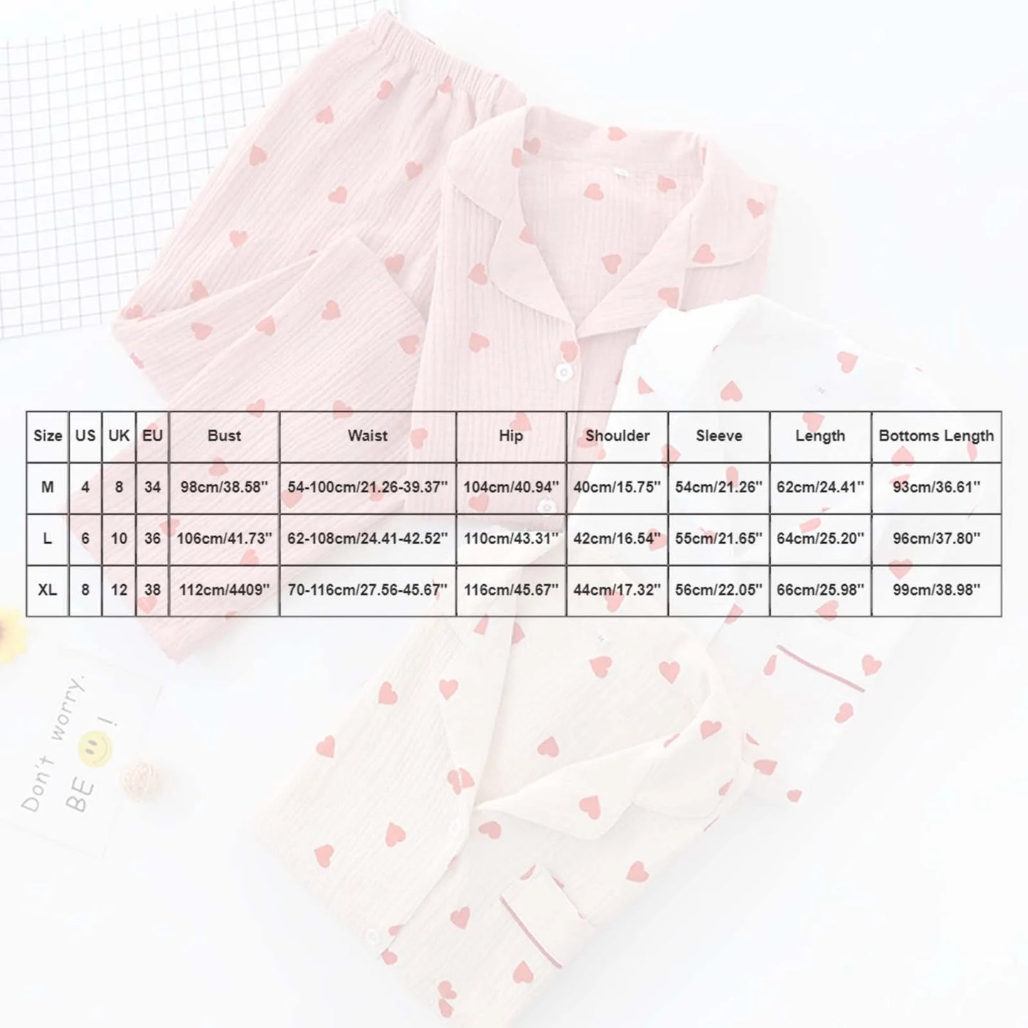 2pc Cotton Pajamas Set Women's Sweet Little Love Cute Two Piece Pijama Jacket Shirts & Long Pant Loungewear Cozy Crepe Homewear
