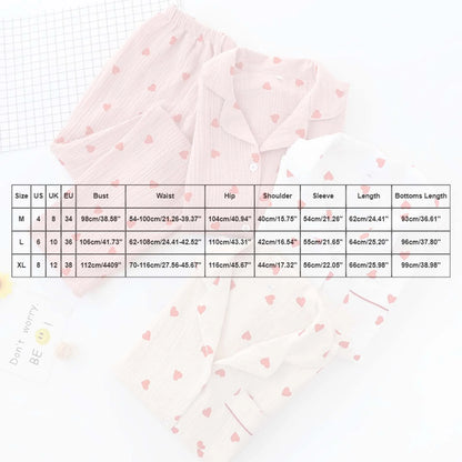 2pc Cotton Pajamas Set Women's Sweet Little Love Cute Two Piece Pijama Jacket Shirts & Long Pant Loungewear Cozy Crepe Homewear