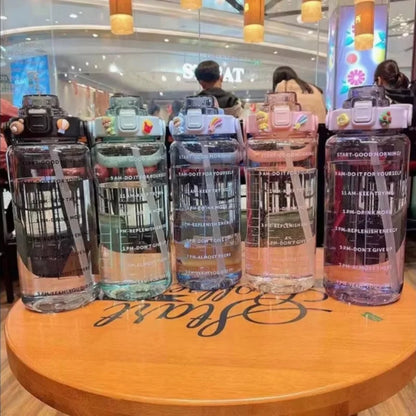 2 Liter Water Bottle with Straw Female Jug Girls Portable Travel bottles Fitness Bike Cup Summer Cold Water Jug with Time Marker