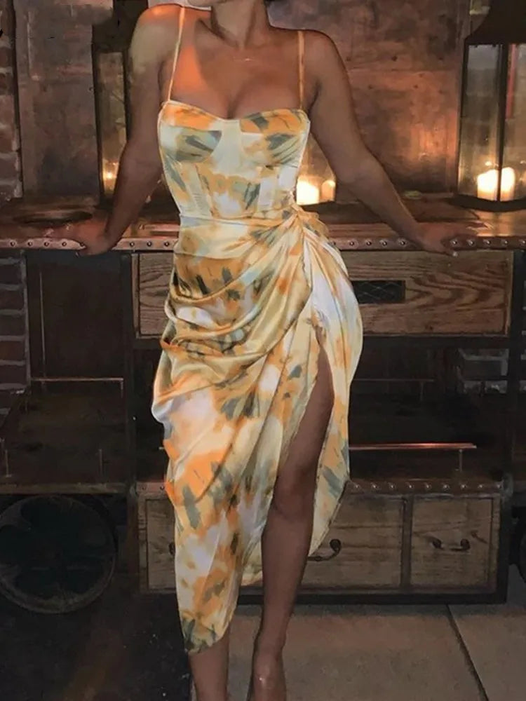 Vintage Yellow Tie dye Flower print  Spaghetti Strap Dress