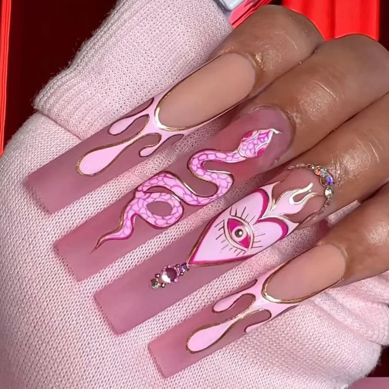 24pcs Pink Fake Nails Beveled Long  French Snake Pattern Wearing Art False Nails Finished Fashion Press on Nail Nail Charms Kit