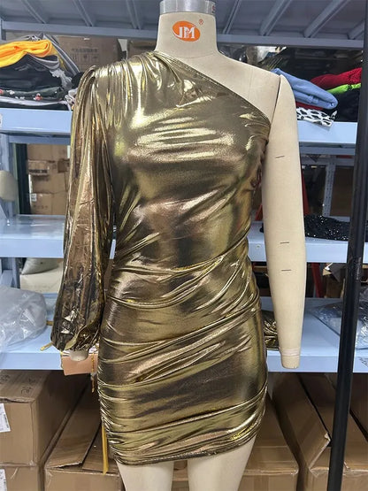 Sexy Slanted Shoulder Single Long Sleeved Short  Wrapped Hip Skirt Dress