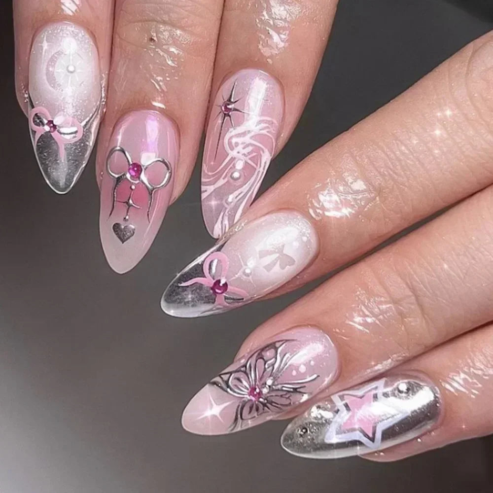 24Pcs Pink Almond French Press on Nails With 3D Bow ripple charms Design Fake Nails Ballerina False Nails Full Cover Nail Tips