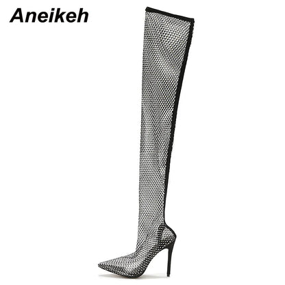 Aneikeh Sexy Bling Rhinestone Mesh Shoes Over The Knee Boots Women Pointed Toe Sandals Nightclub High Heels Botas Femininas