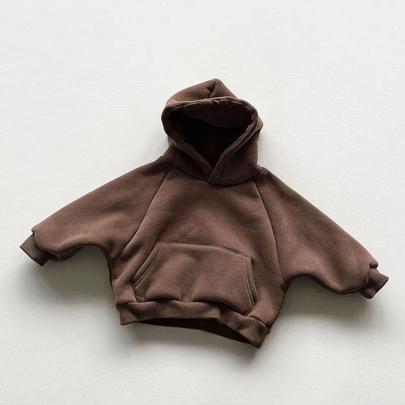 Winter Fleece Solid Hoodies Baby Boys Casual Loose Pocket All-match Hooded Top Girls Simple Thick Pullover Cotton Clothes
