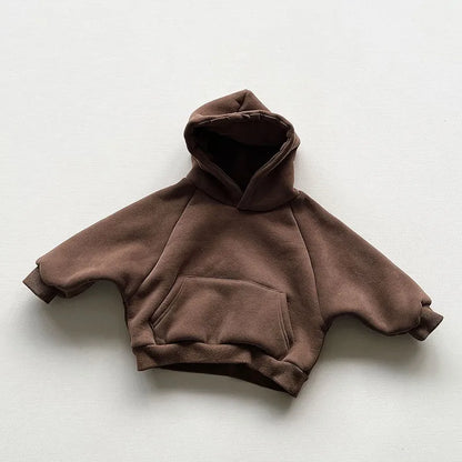 Winter Fleece Solid Hoodies Baby Boys Casual Loose Pocket All-match Hooded Top Girls Simple Thick Pullover Cotton Clothes