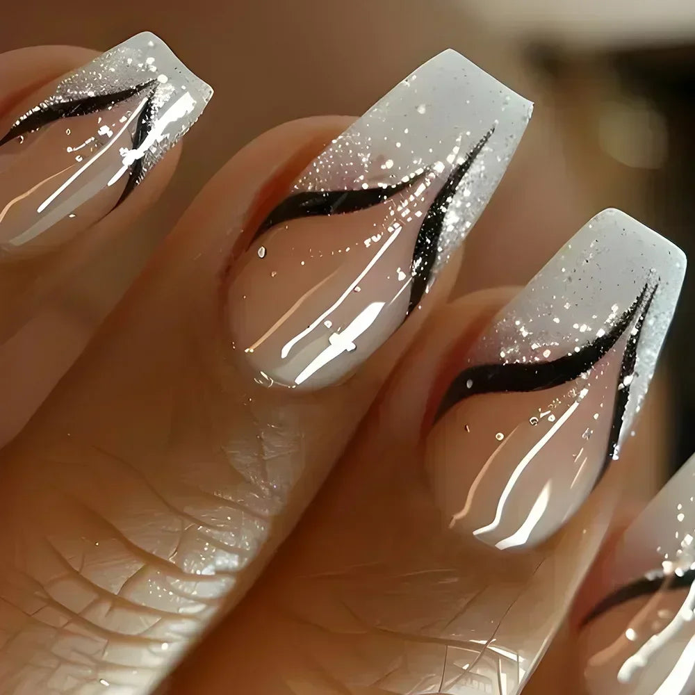 24Pcs Medium Short Square False Nails Glittering Nail Art White Wearable Fake Nail Silver French Full Cover Press on Nail Tips