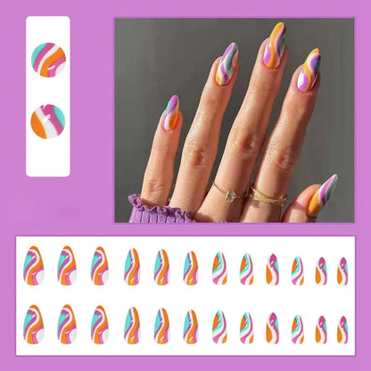 24pcs/Box Ballerina Nail Tip Purple with Design Manicure Patches Fresh Floral Almond False Nails Press on Med Nails Detachable