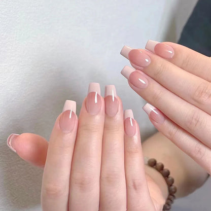 24Pcs Short Square Nude Fake Nails Art White Edge Glossy Artificial French False Nails Removable Full Cover Press on Nail Tips