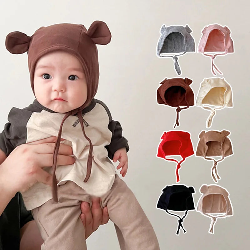 Cute Bear Ear Baby Beanie Cap Soft Cotton Newborn Ear Protection Hat Korean Solid Color Infant Boy Girl Lace-up Bonnet