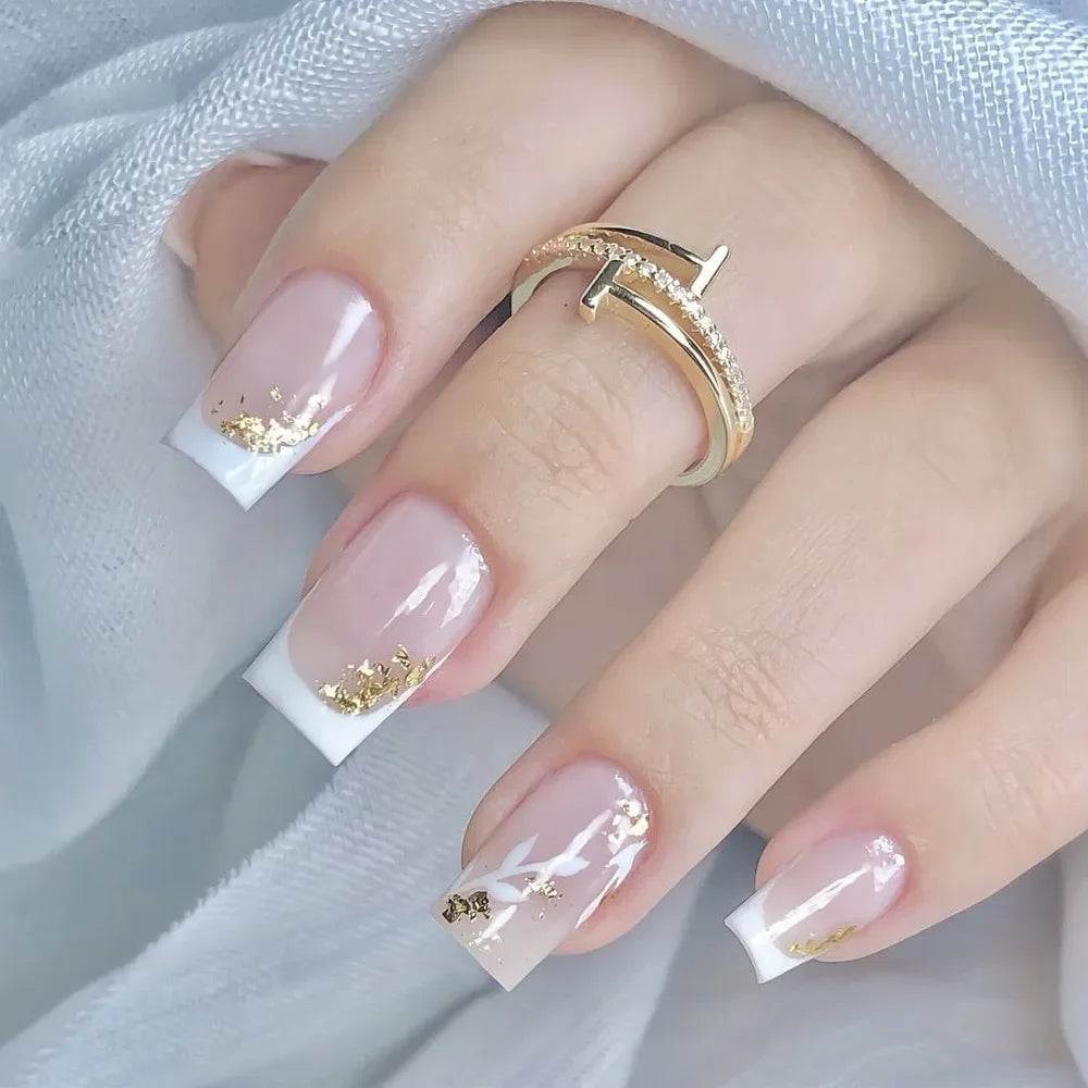 24pcs Mid-length Simple Smudged False Nails Wearable French Ballerina Fake Nails Full Cover Nail Tips Set Press On Nails