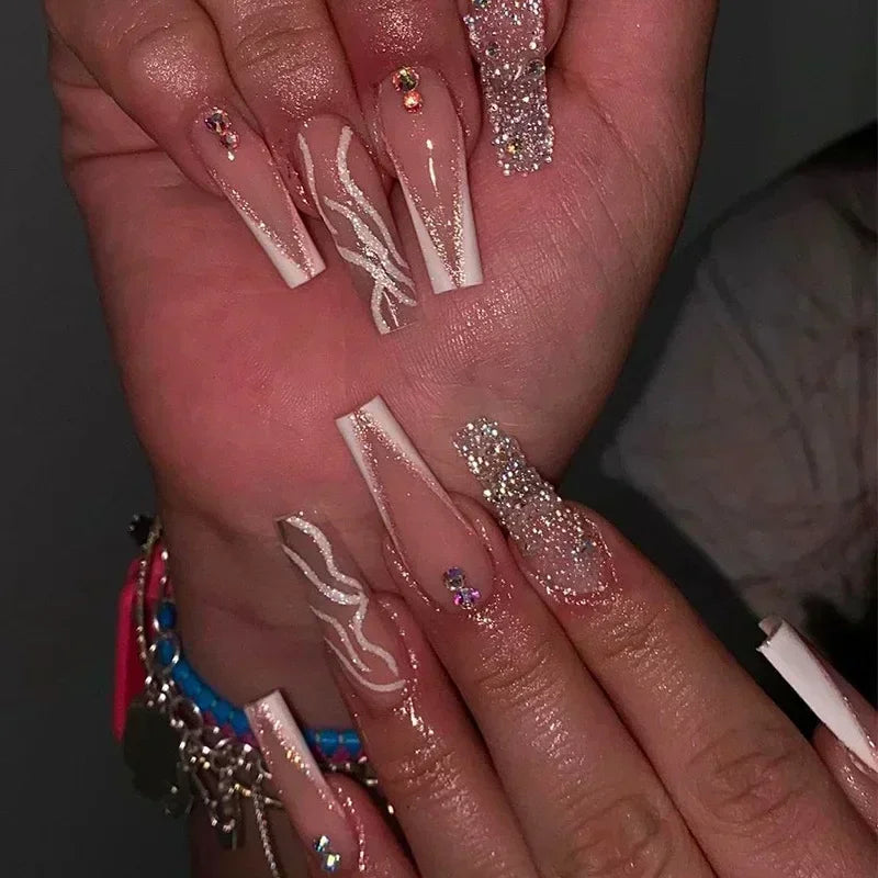 24Pcs Long Ballet French False Nails Pink Butterfly Flower with Rhinestones Wearable Fake Nails Gradient Press on Nail Tips Art
