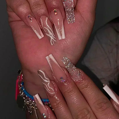 24Pcs Long Ballet French False Nails Pink Butterfly Flower with Rhinestones Wearable Fake Nails Gradient Press on Nail Tips Art