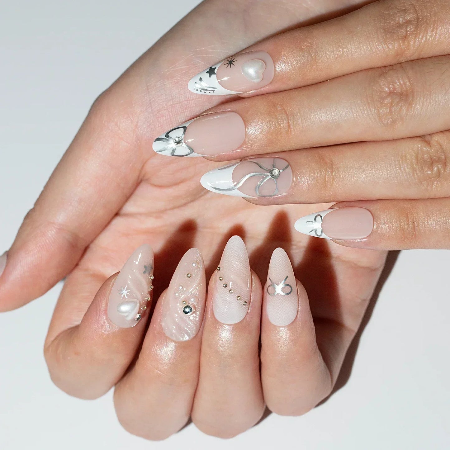 24Pcs Pink Almond French Press on Nails With 3D Bow ripple charms Design Fake Nails Ballerina False Nails Full Cover Nail Tips