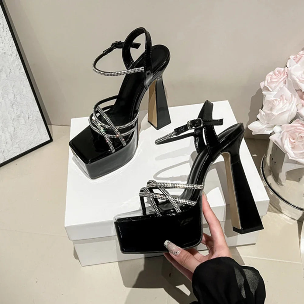 Aneikeh Summer New Cross Rhinestone with High Heels Platform Sandals Thick Heel Fashion Open Toe